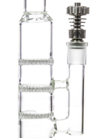 Dank Tools Domeless Titanium Nail with Sun-Dish atop Glass Dab Rig, Close-Up Side View