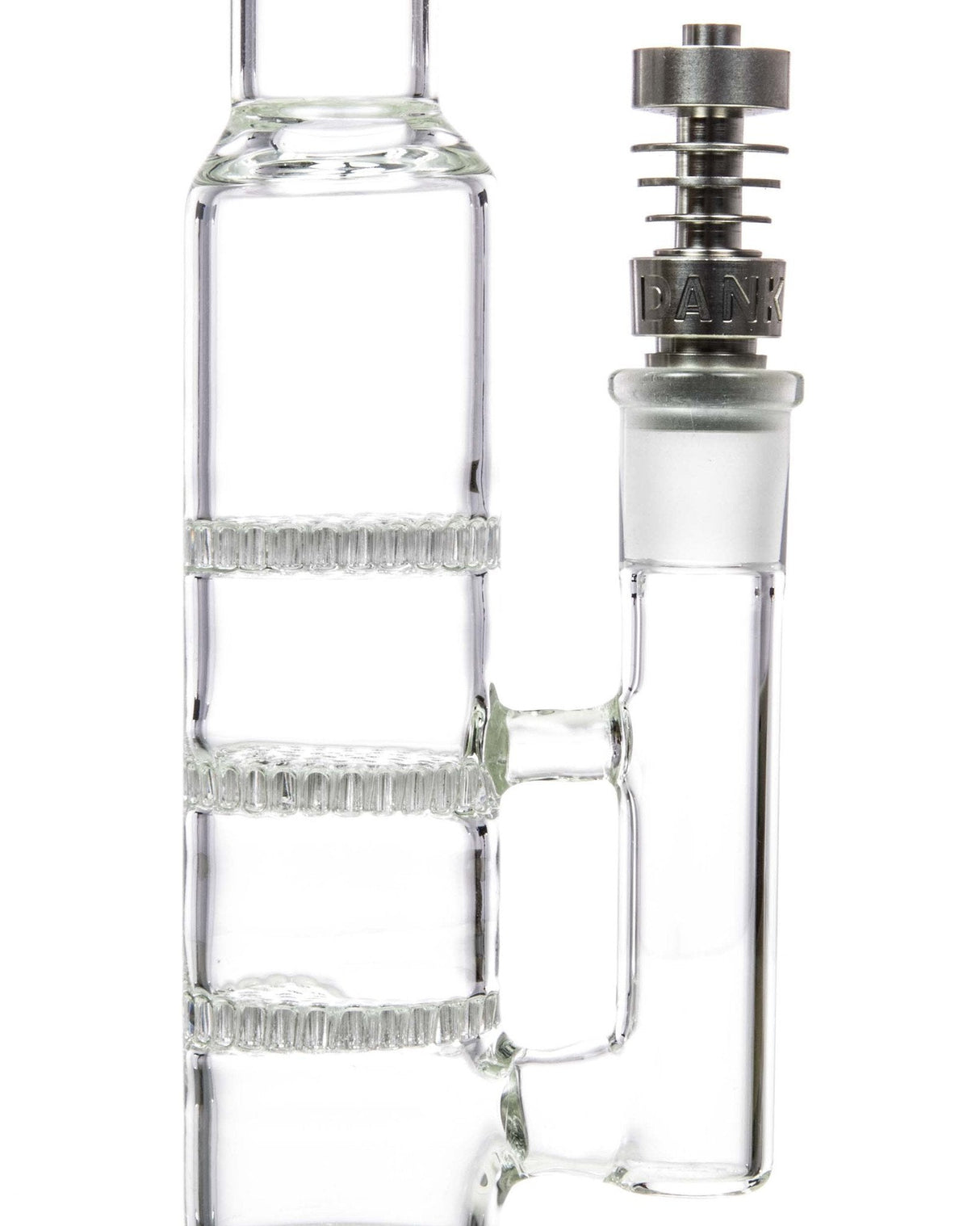 Dank Tools Male Domeless Titanium Nail for Dab Rigs, fits 14mm/18mm, side view on glass bong