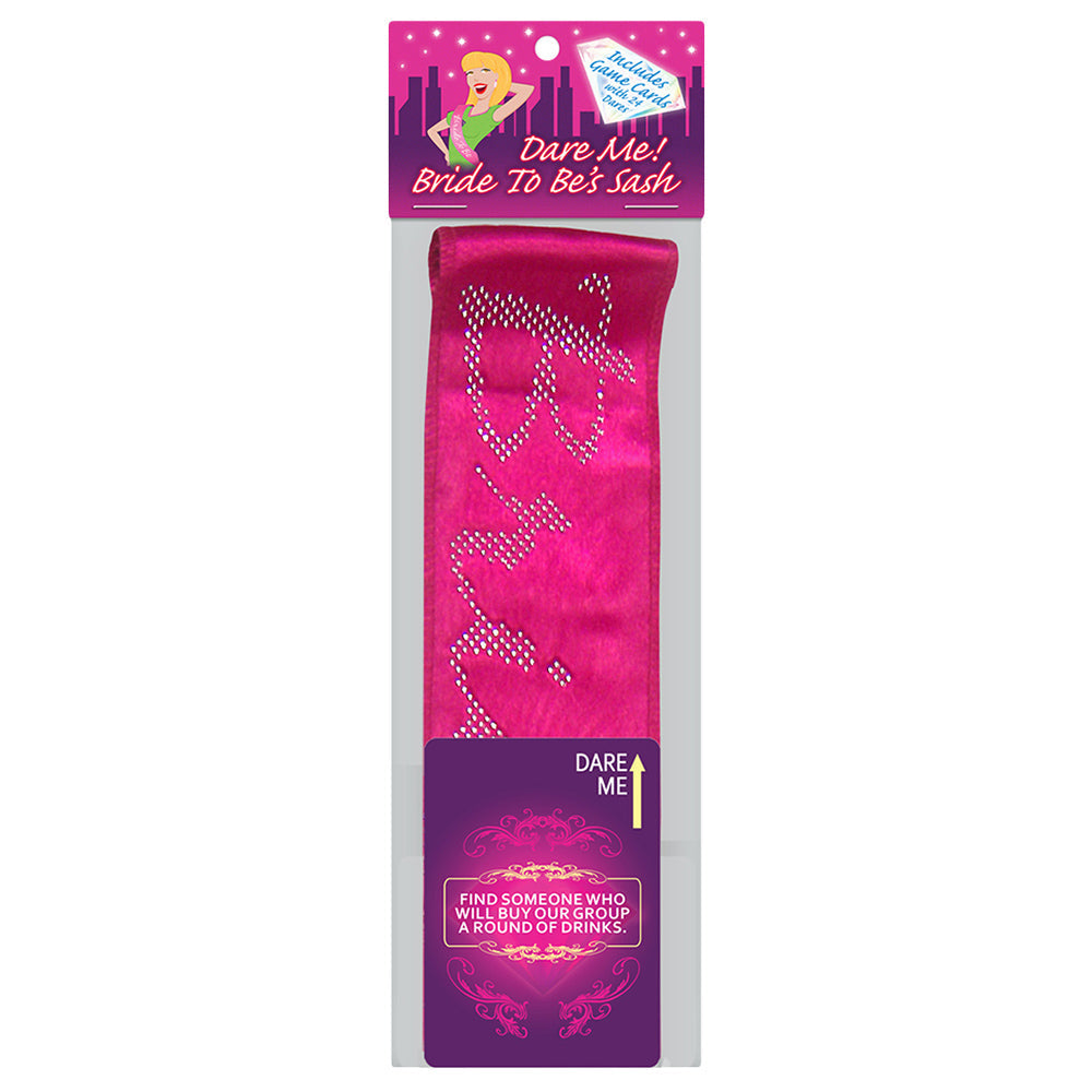 Dare Me! Bride To Be Sash in Pink with Game Cards Displayed in Packaging