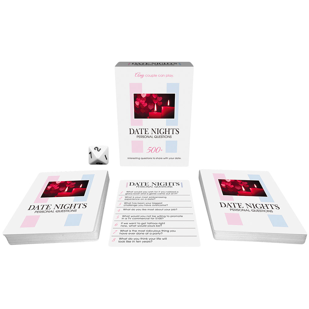 Date Nights Personal Questions Game with cards and dice displayed, perfect for couples' game night