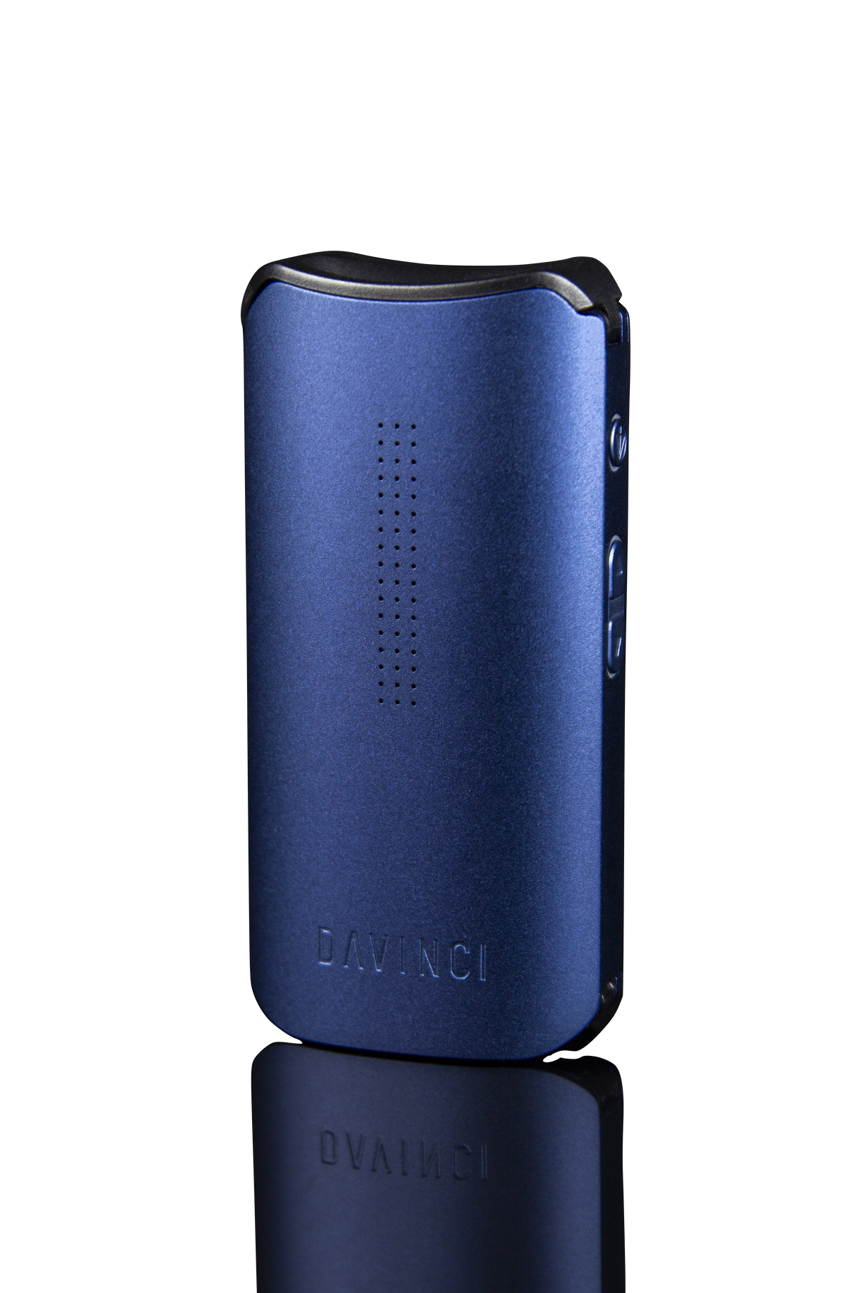 DaVinci IQC Vaporizer in Blue - Front View on Reflective Surface, Portable Design for Dry Herbs and Concentrates