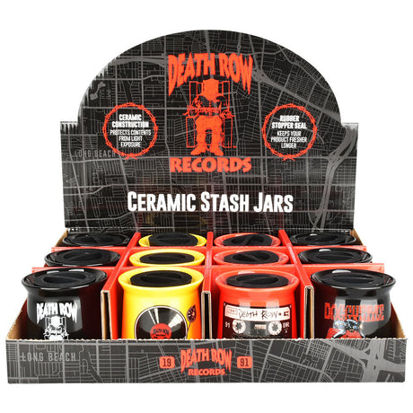 Display of 12 Death Row Records Ceramic Stash Jars in assorted colors with secure seal lids