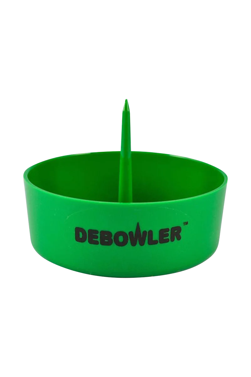 Green Debowler Ashtray, compact plastic design with built-in poker, perfect for pipes and bongs.