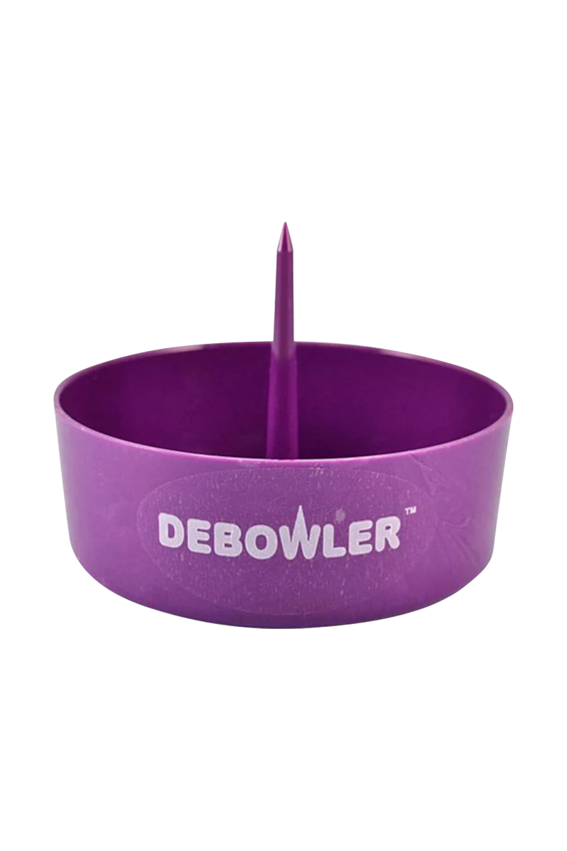 Debowler Ashtray in Purple, Portable Plastic Design with Built-in Poker, Front View