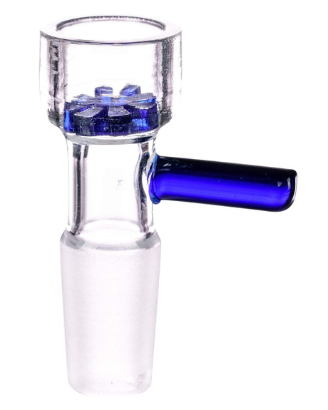 Valiant Distribution Deep-Dish Glass Screen Bowl with Blue Handle for Bongs, 14mm Male Joint, Side View
