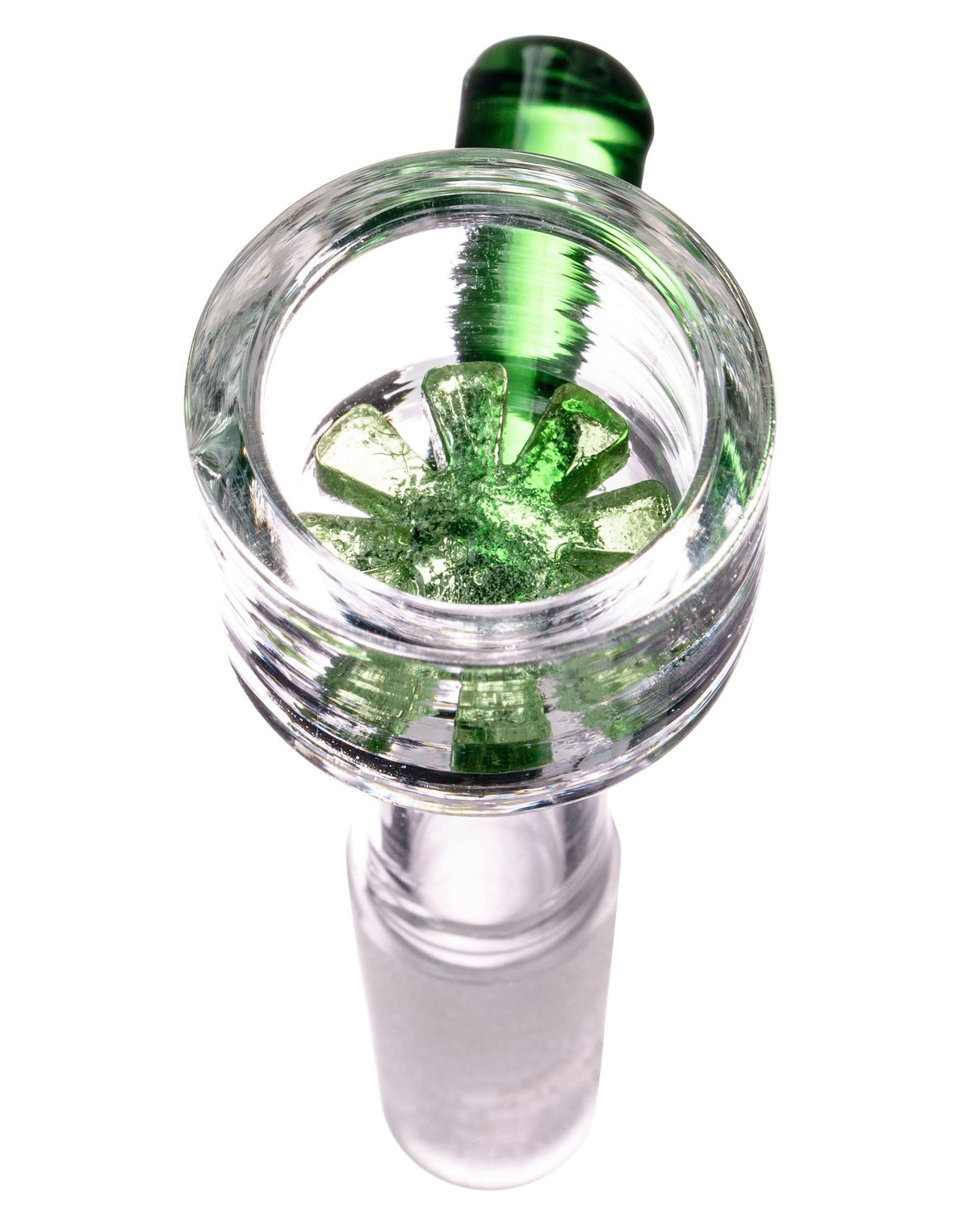 Valiant Distribution deep-dish glass screen bowl with green handle for bongs, top view on white background