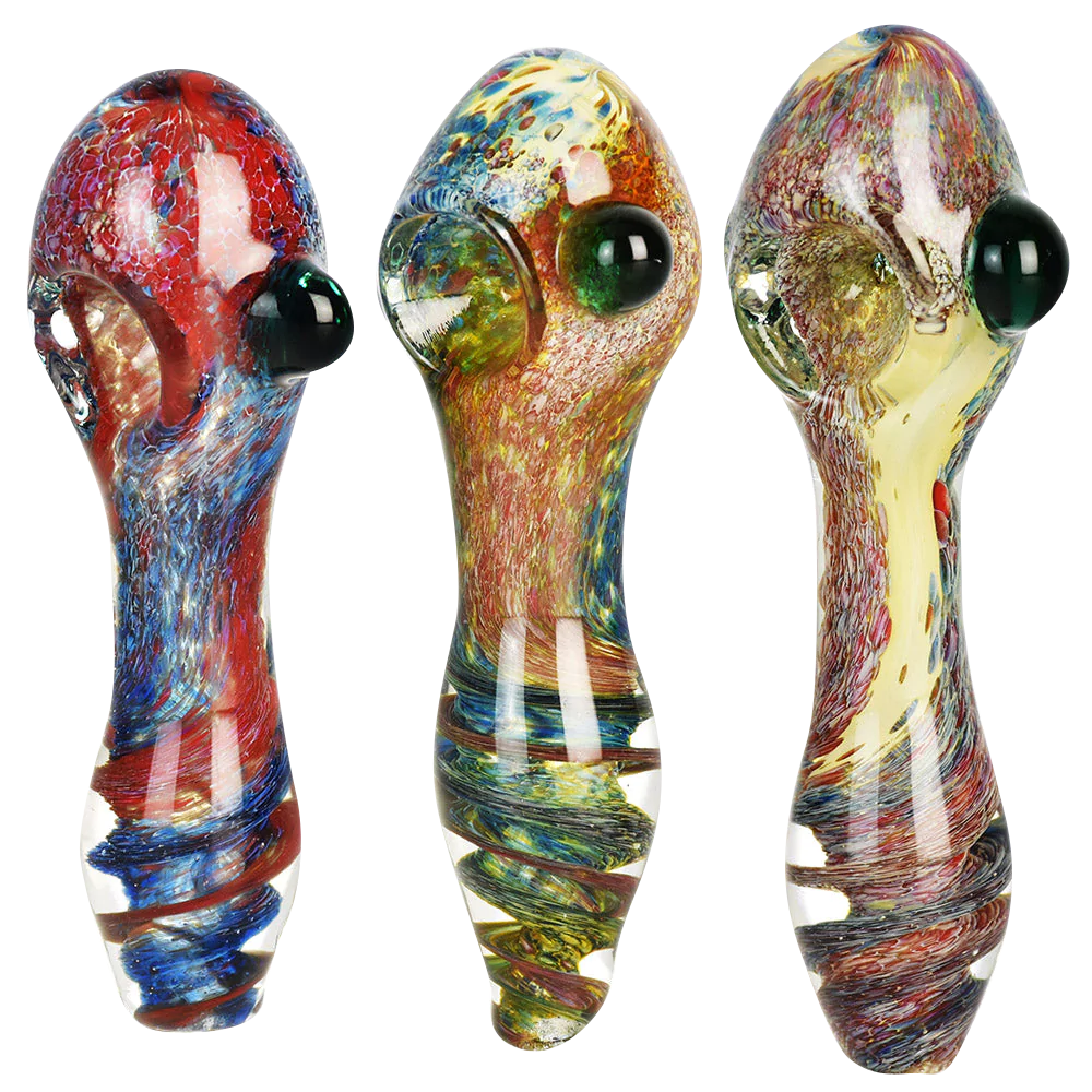 Deep Ocean Fritted Glass Spoon Pipe, 4.5" heavy wall borosilicate, portable design, triple view