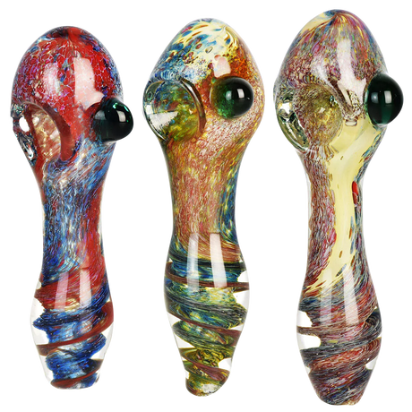 Deep Ocean Fritted Glass Spoon Pipe, 4.5" heavy wall borosilicate, portable design, triple view