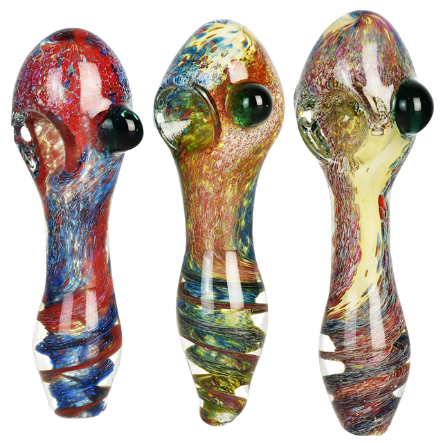 Deep Ocean Fritted Glass Spoon Pipe, 4.5" heavy wall borosilicate, portable design, triple view