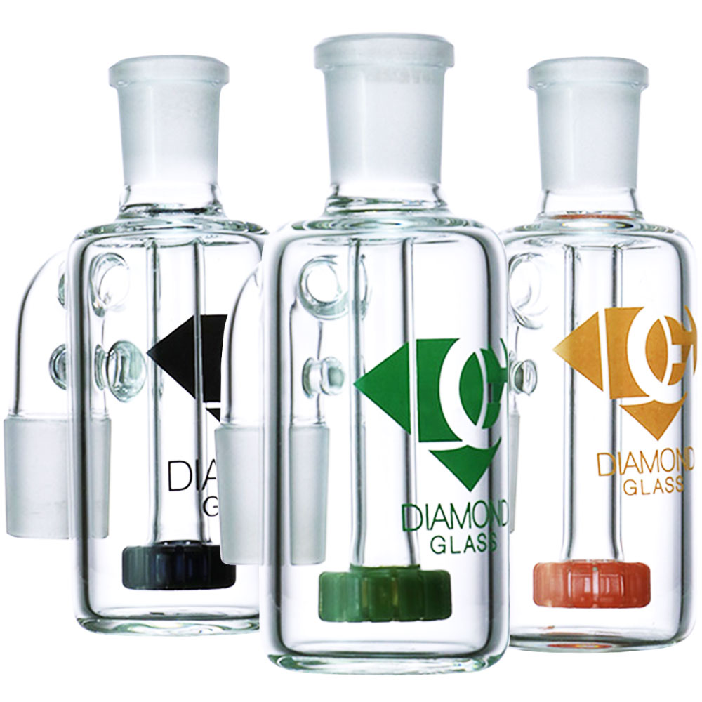 Diamond Glass Jewel Ash Catchers in assorted colors with 14mm male joint at 45 and 90 degrees