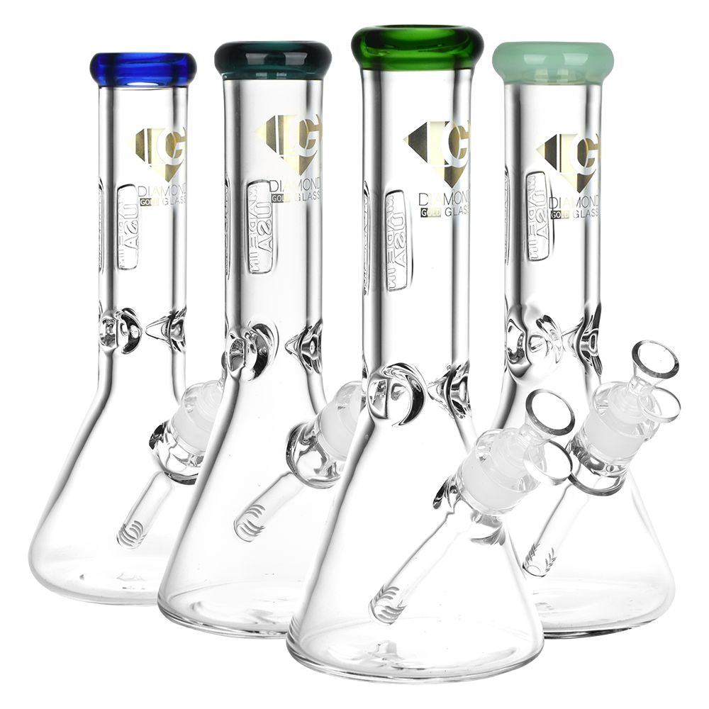 Diamond Glass Gold American Made Beaker Water Pipe | 12" | 14mm F | Colors Vary
