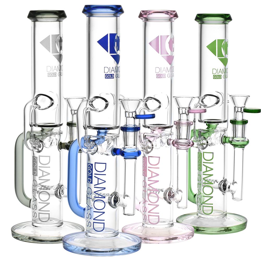 Diamond Glass Gold Inline Perc Recycler Water Pipe | 11" | 14mm F | Colors Vary