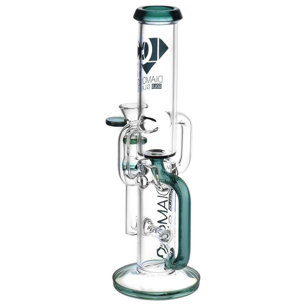 Diamond Glass Gold Inline Perc Recycler Water Pipe | 11" | 14mm F | Colors Vary
