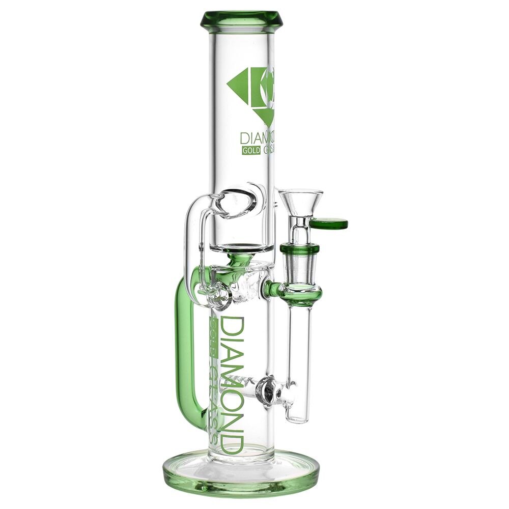 Diamond Glass Gold Inline Perc Recycler Water Pipe | 11" | 14mm F | Colors Vary
