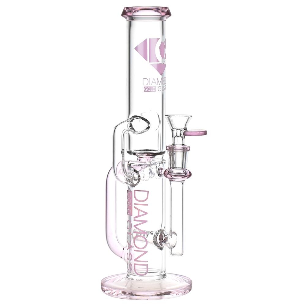 Diamond Glass Gold Inline Perc Recycler Water Pipe | 11" | 14mm F | Colors Vary