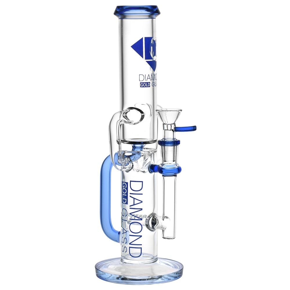 Diamond Glass Gold Inline Perc Recycler Water Pipe | 11" | 14mm F | Colors Vary