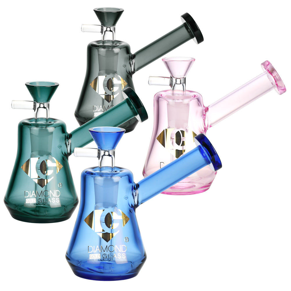 Diamond Glass Gold Mallet V2 Water Pipes in gold, pink, and blue with 14mm female joint, front view