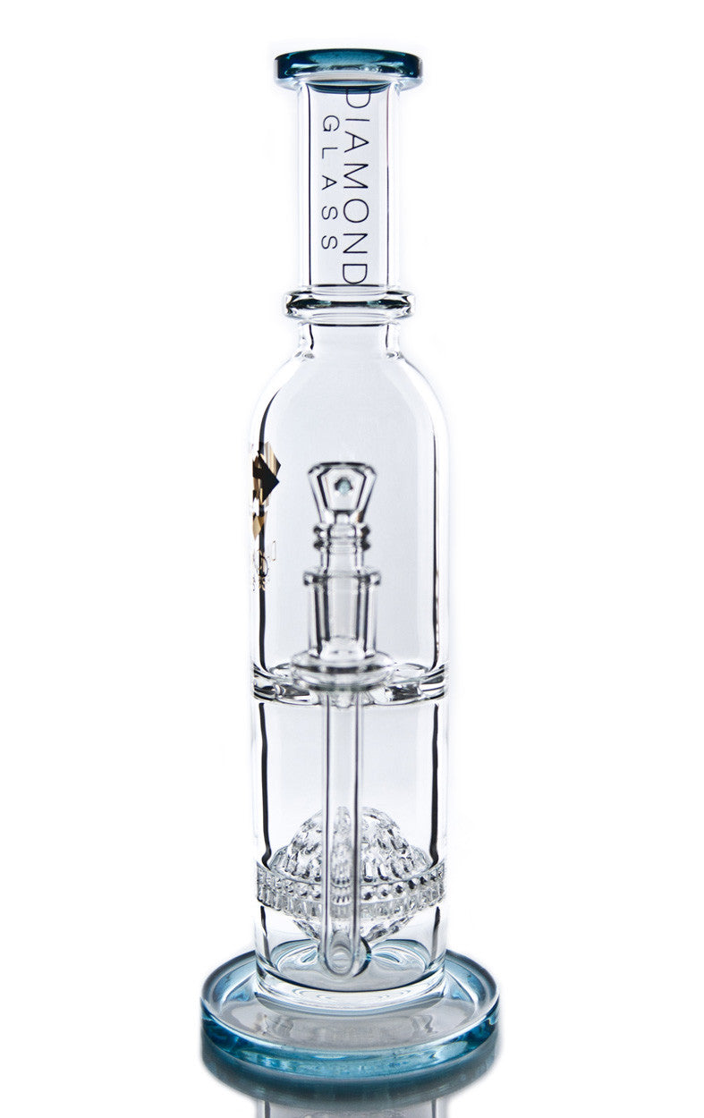Diamond Glass Honeyglobe 13'' bong in Teal with quartz nail, front view on white background