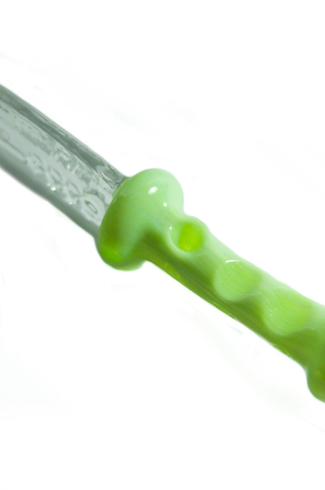 Diamond Glass Knife Handpipe in Green, Close-up Side View, 10" Length, Made in USA