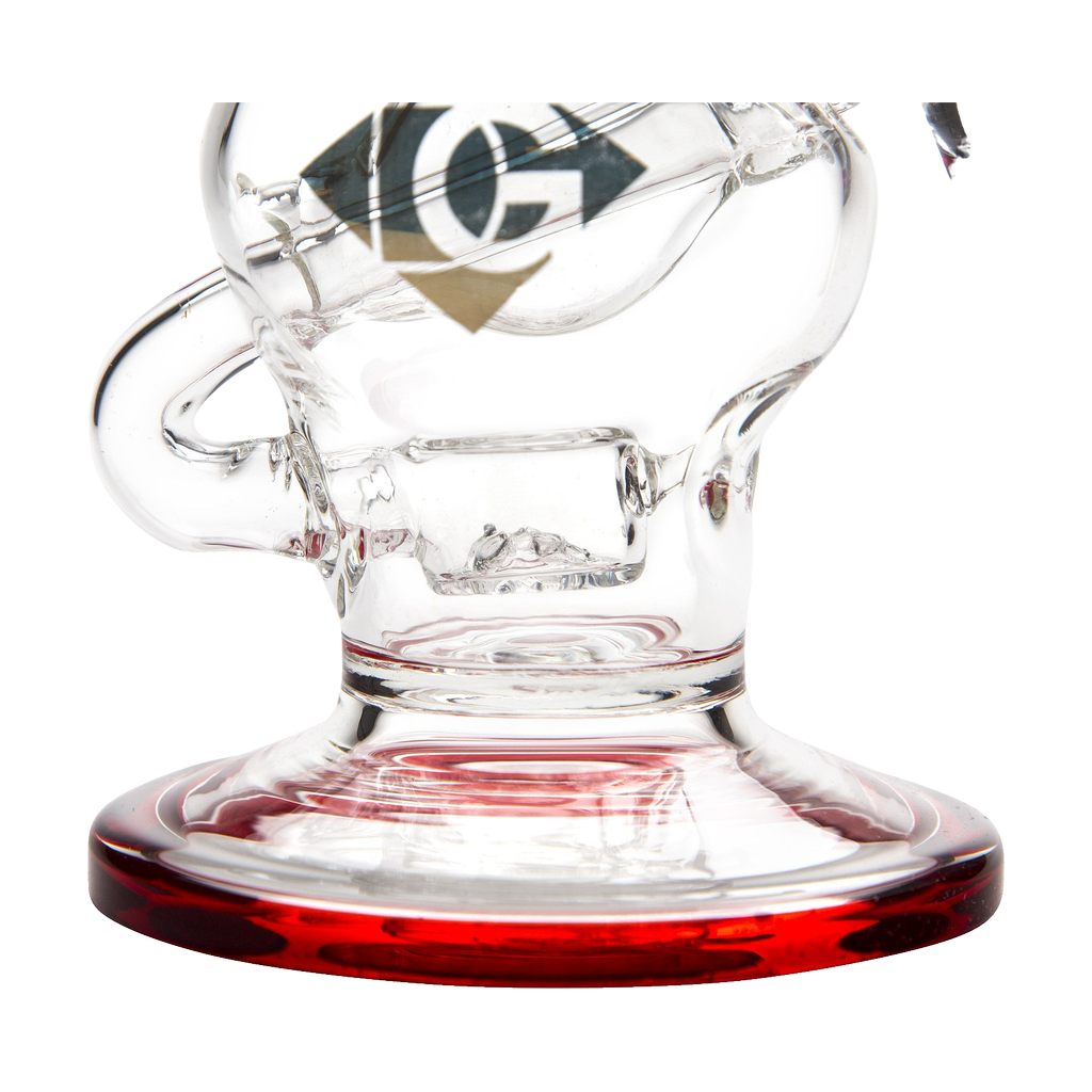 Close-up view of Diamond Glass Talon Dab Rig with Barrel Perc & red accents