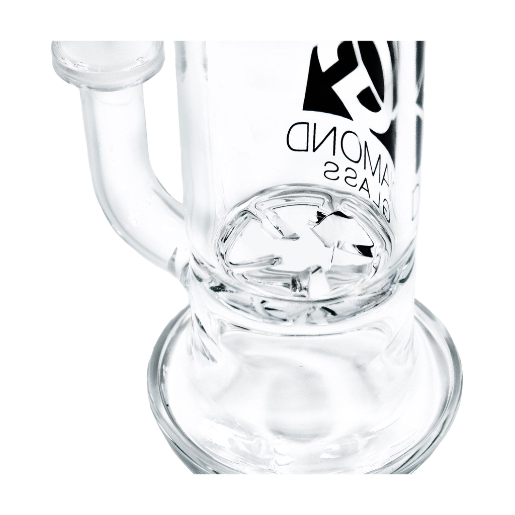 Diamond Glass Tornado Dab Rig close-up, clear with intricate percolator, 14mm joint - DankGeek