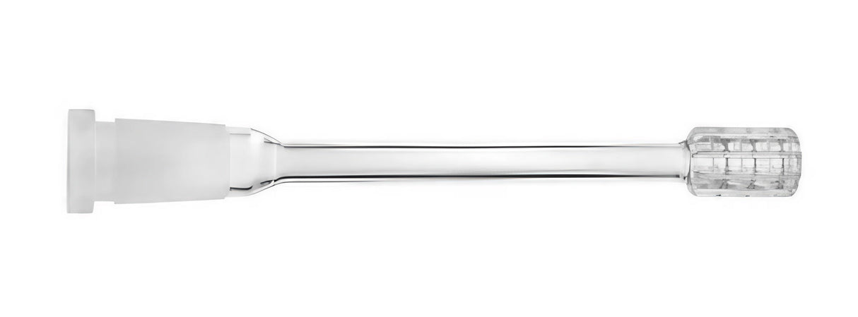 Borosilicate glass diffused downstem, 18.8mm male to 14mm female, 4" size, clear, side view