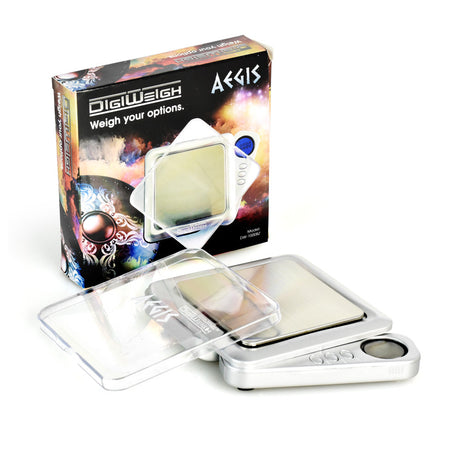 DigiWeigh Aegis Series Digital Pocket Scale in silver, compact design, with box