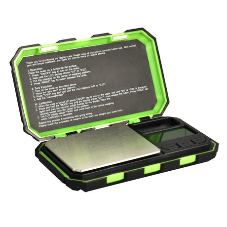 DigiWeigh Cyber Series Digital Pocket Scale in Black Green variant, open view showing display and platform.