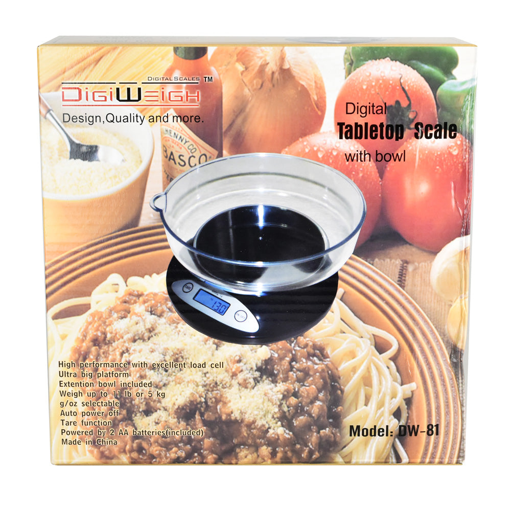DigiWeigh Table Top Kitchen Scale with Bowl, Front View on Kitchen Background