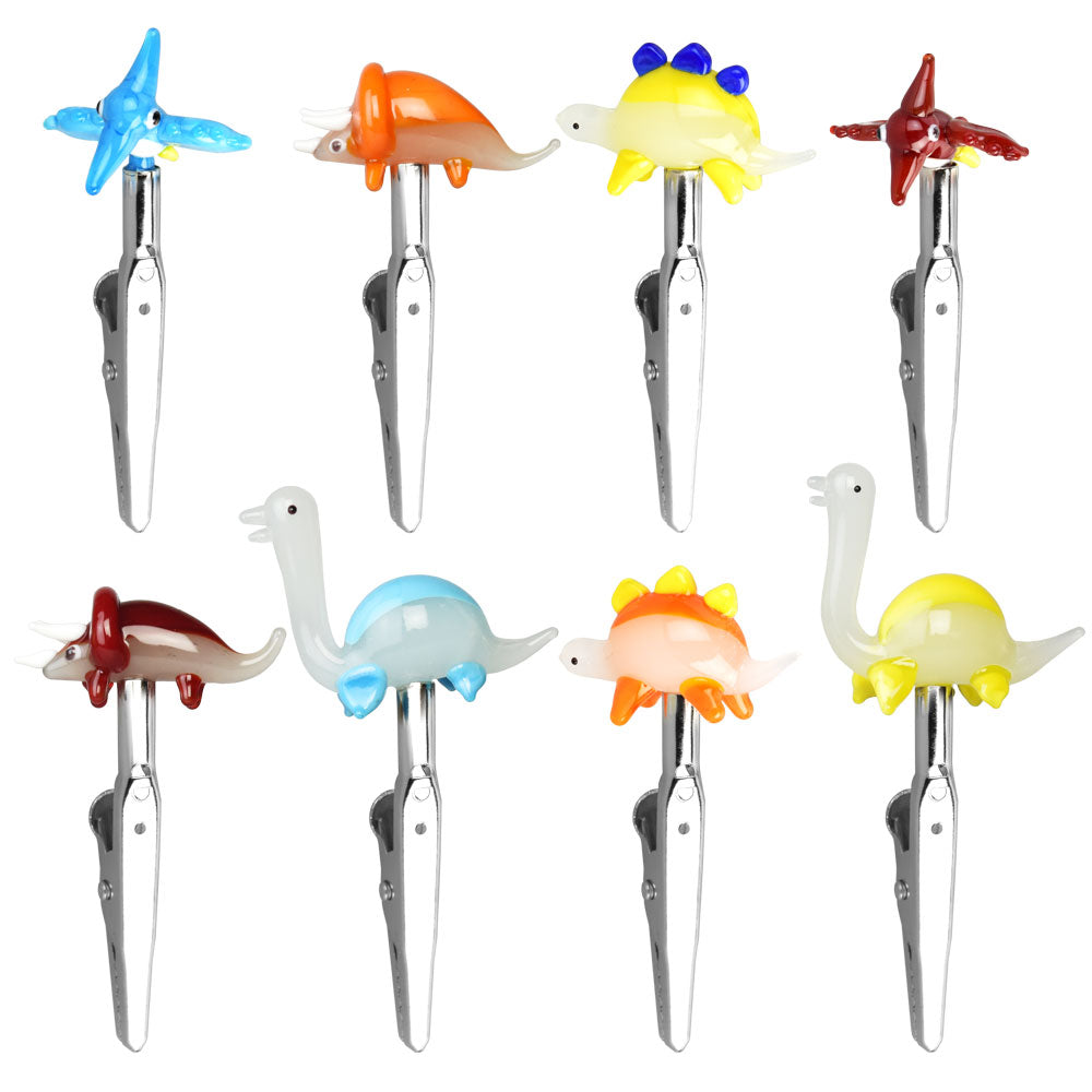 Assorted colorful dinosaur-shaped glass joint clips in a 30 pack, displayed on white background