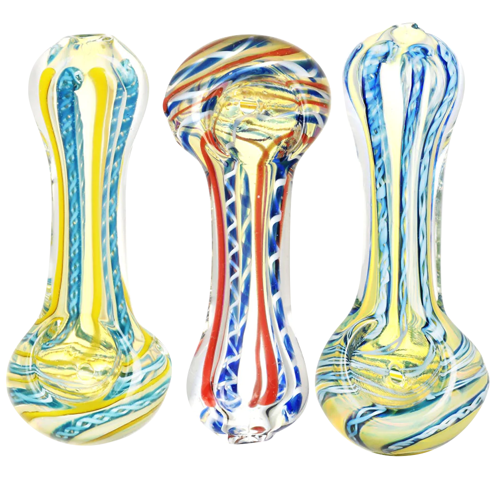 DNA Twist Spoon Pipes in various colors, compact design, front and side views, 4" borosilicate glass