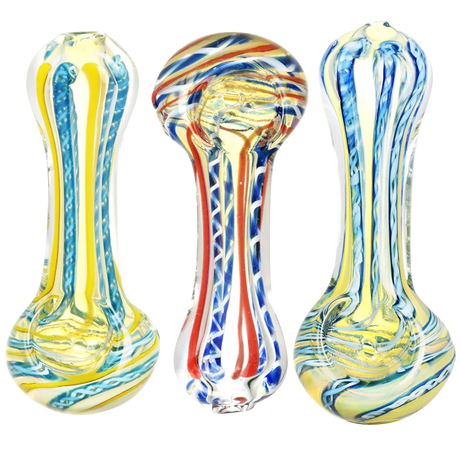 DNA Twist Spoon Pipes in various colors, compact design, front and side views, 4" borosilicate glass