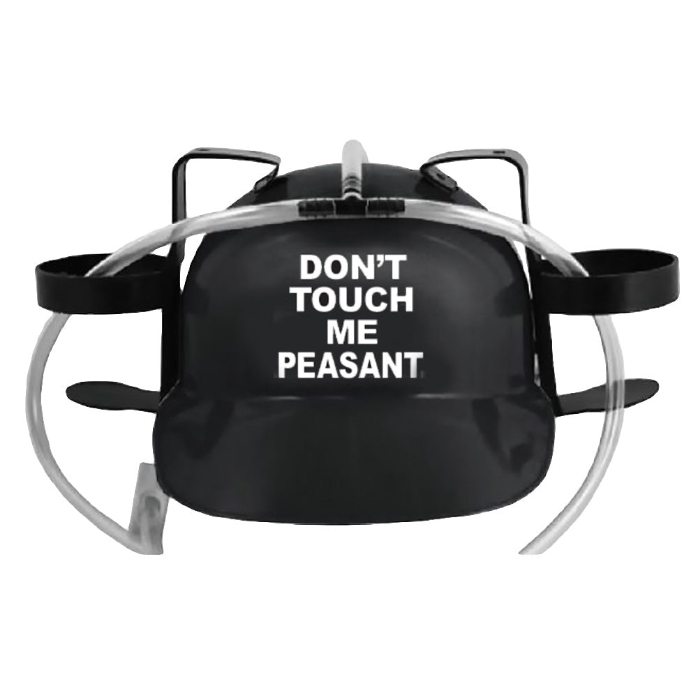 Black 'Don't Touch Me Peasant' 2-Can Drinking Hard Hat with Clear Tubes - Front View