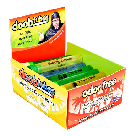 25pc display of doobtubes with assorted color airtight, odor-free, waterproof containers for dry herbs, front view