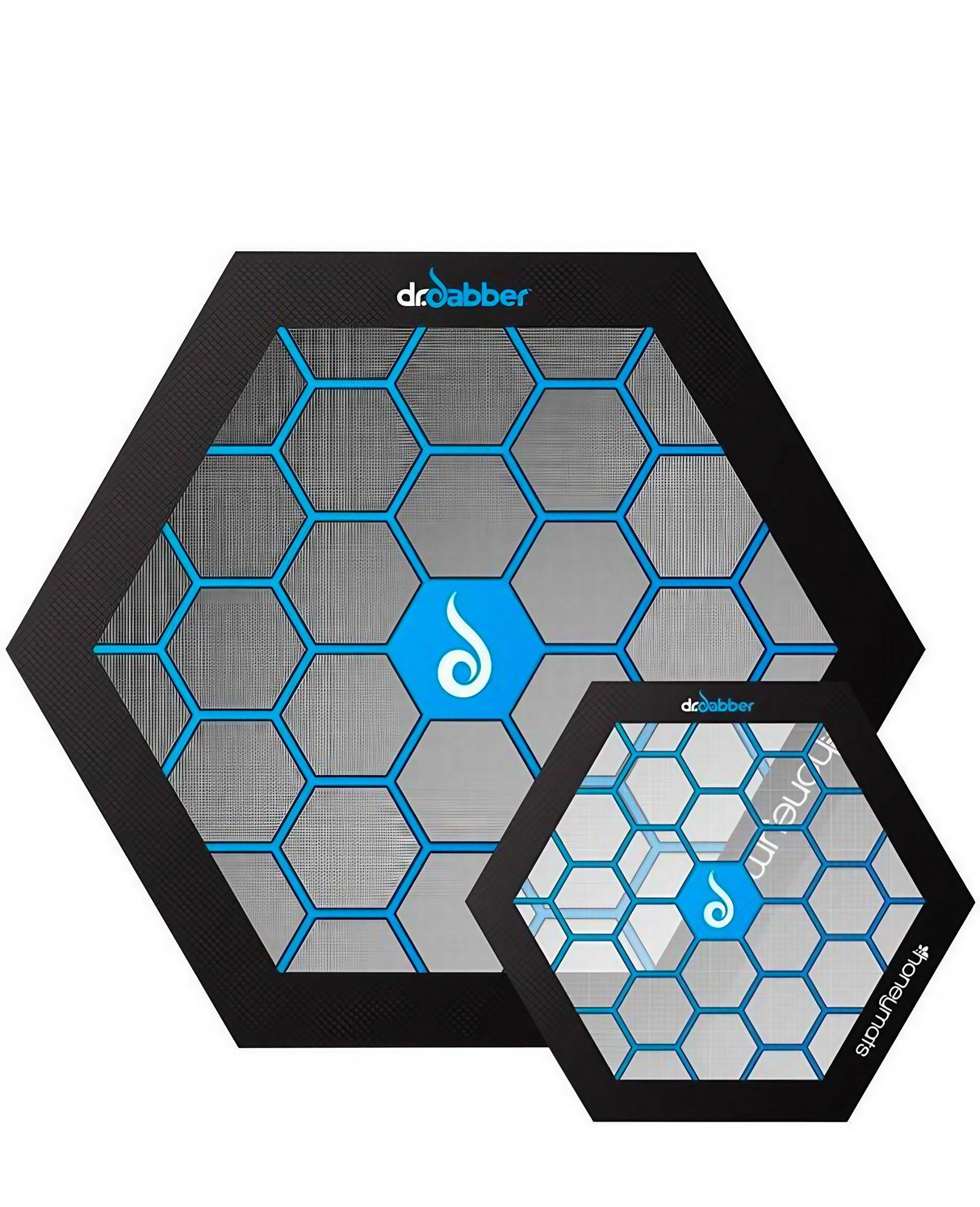 Dr. Dabber Honeymat Large and Small Non-Stick Silicone Dab Mats in Black and Blue Hexagon Design