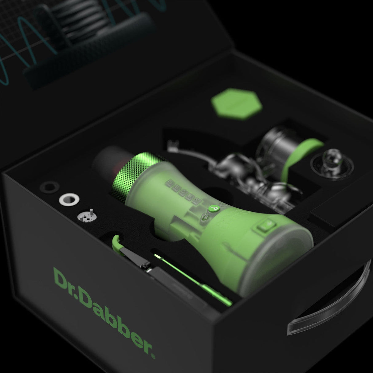 Dr Dabber Switch vaporizer in green, glow in the dark edition, displayed in box with accessories