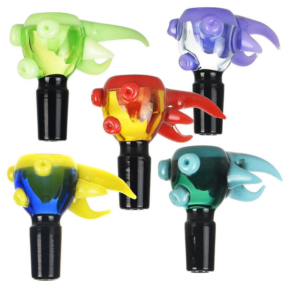 Assorted Dragon Scale Herb Slides 5pc Set with 14mm Male Joint, vibrant colors, front view