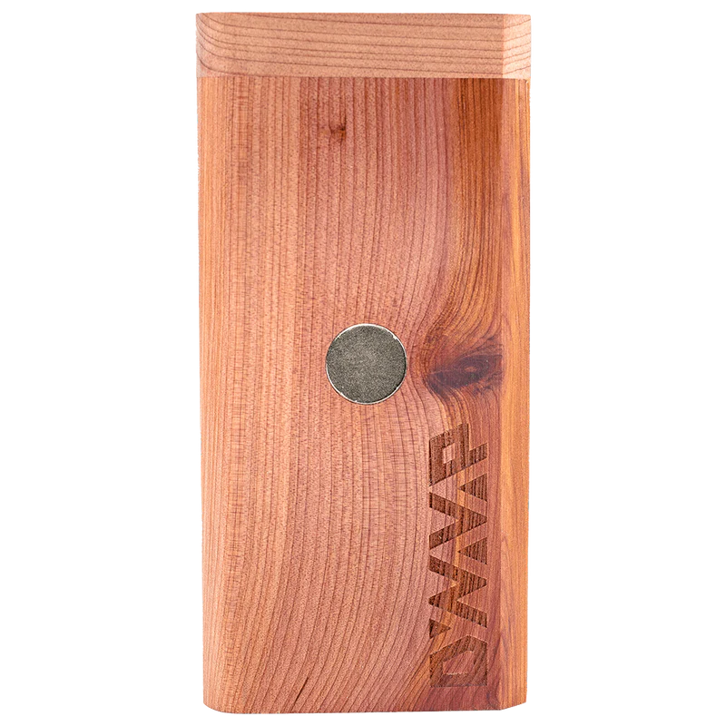 DynaVap DynaStash in Cedar, Medium size, front view showcasing magnetic lid and engraved logo