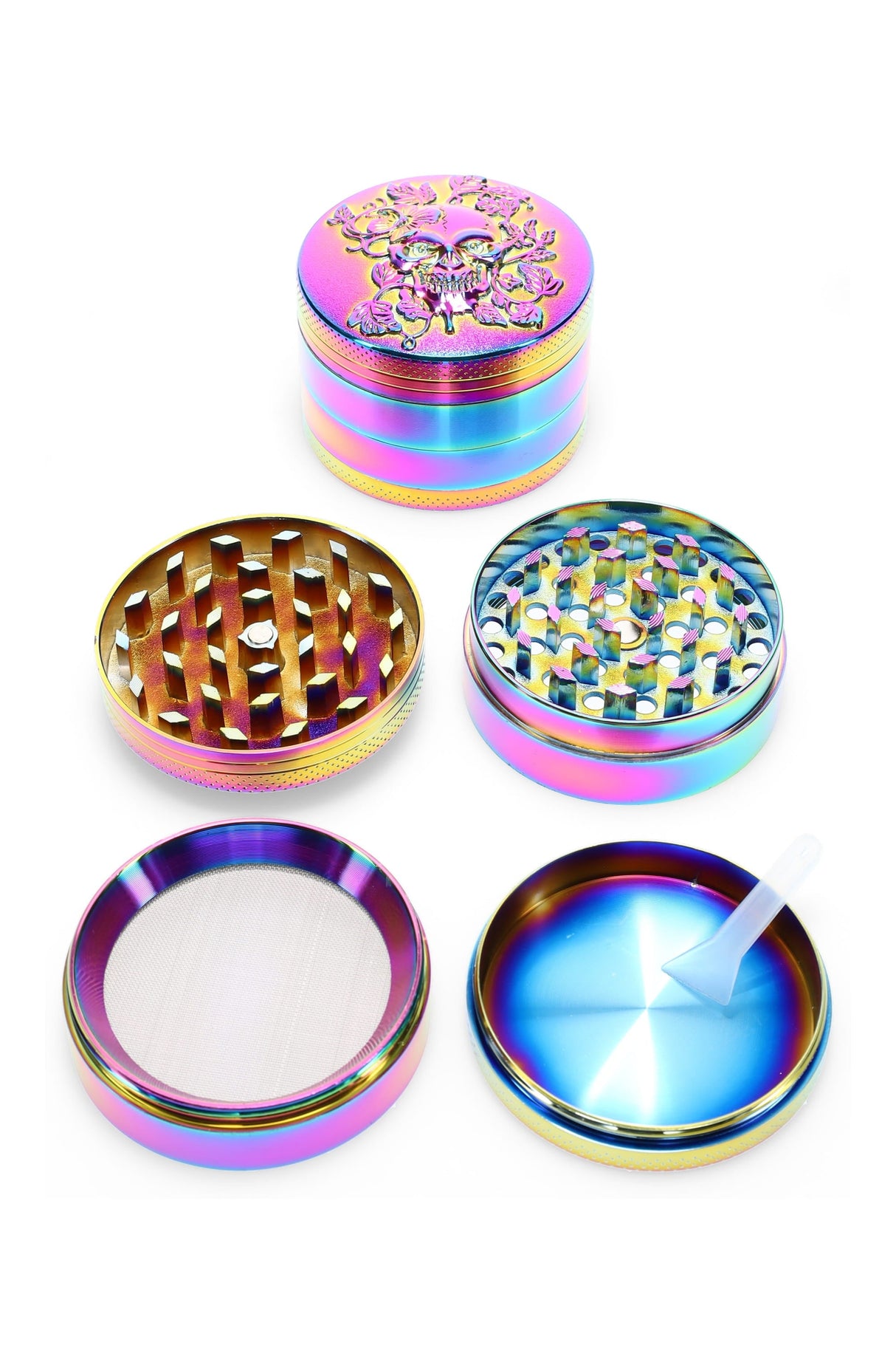 Rainbow Metal 4-Part Herb Grinder “Skull Bloom” – 2″ (52 mm)