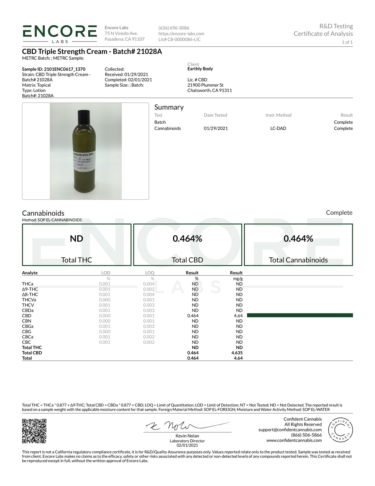Certificate of Analysis for Earthly Body CBD Daily Intensive Cream with product image