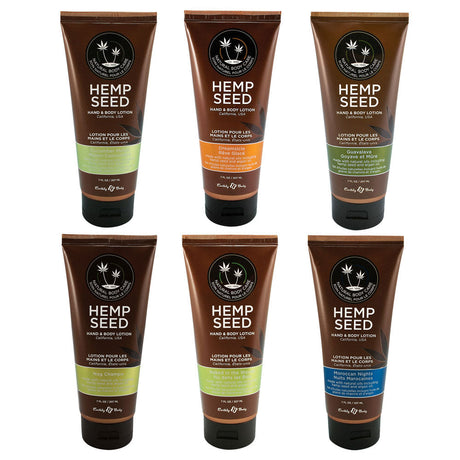 Earthly Body Hemp Seed Hand & Body Lotion assortment, 7oz bottles, 24pc display kit, front view