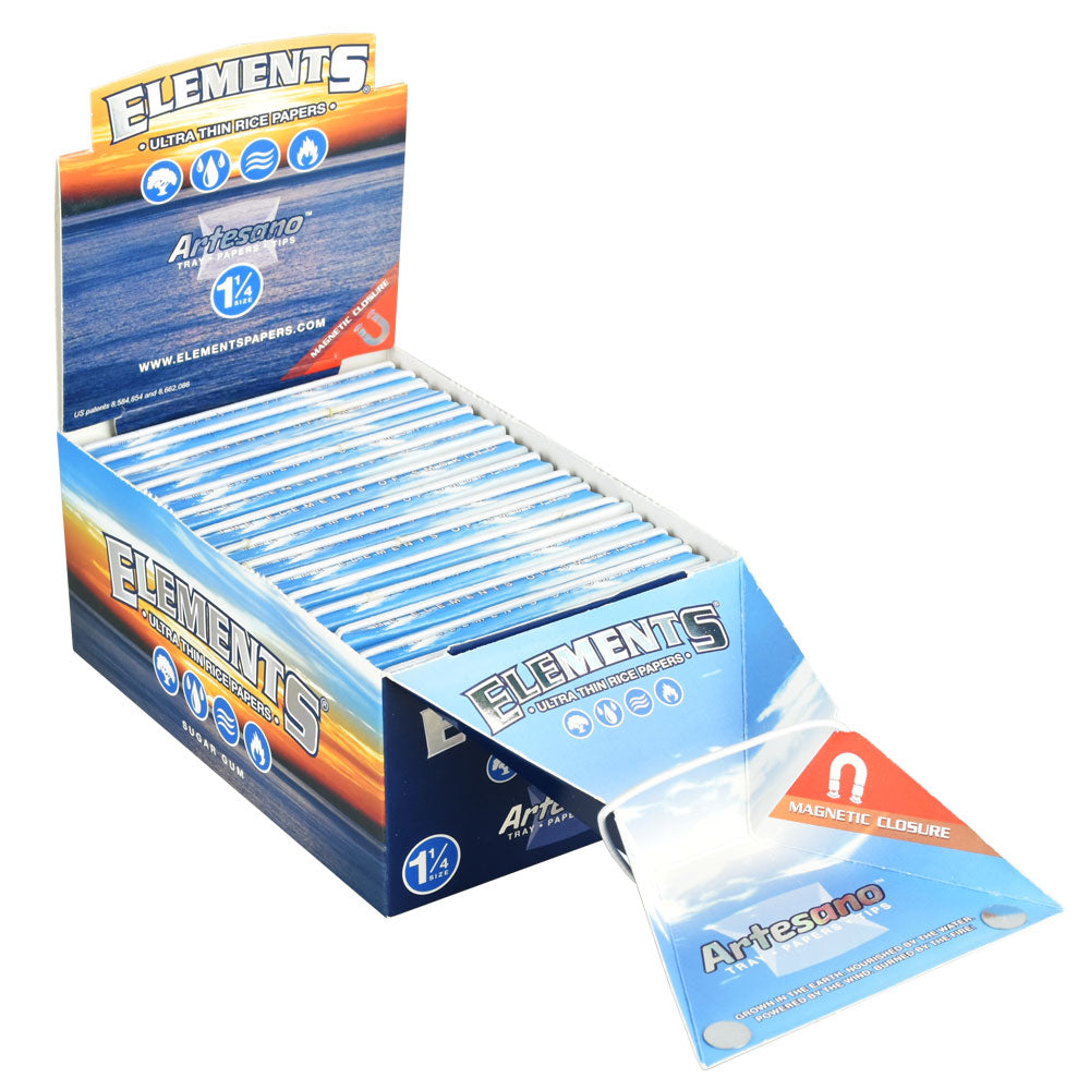 Elements Artesano Rice Rolling Papers pack open with magnetic closure on display