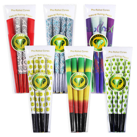 Elephant Brands Pre-Rolled Hemp Cones 8pk in various designs, 98mm standard size, front view