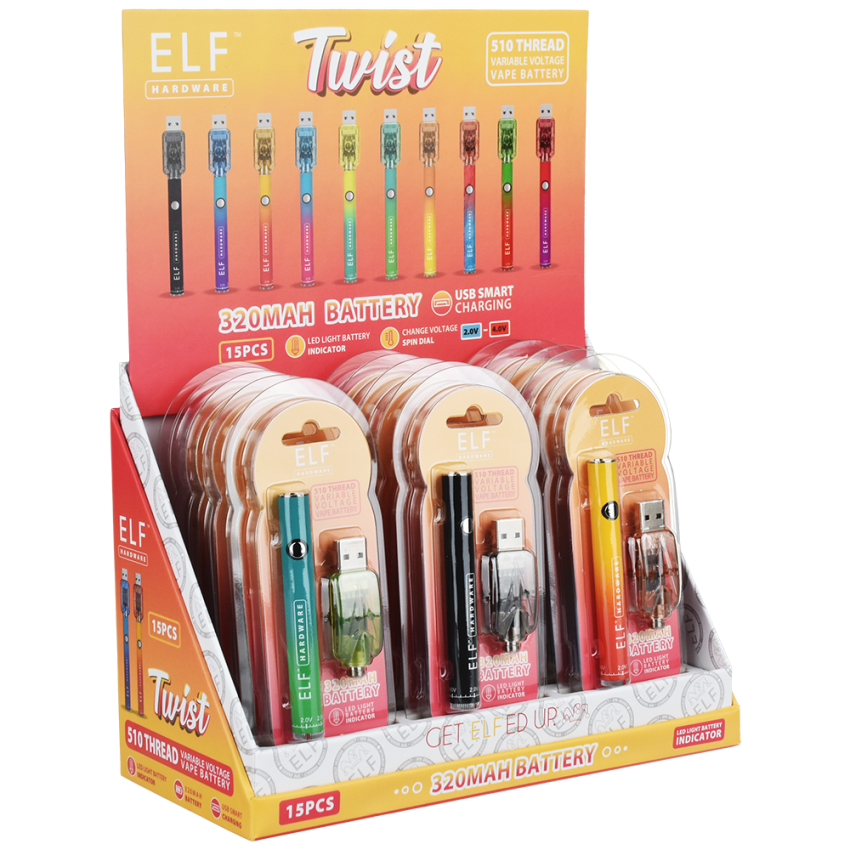 ELF Hardware Twist 510 Cart Vape Battery | 320mAh | Assorted Colors | 15ct Display
