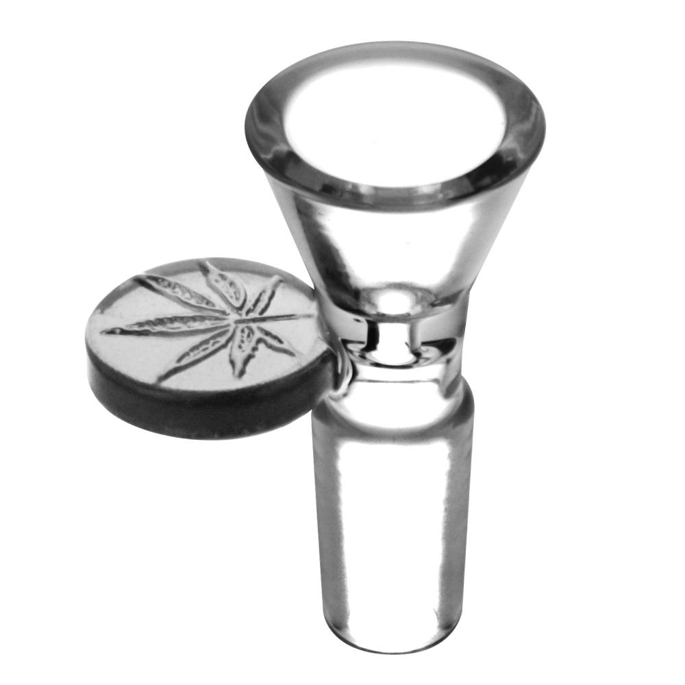 14mm Black Leaf-Embossed Bong Bowl in Borosilicate Glass, Front View on Seamless White