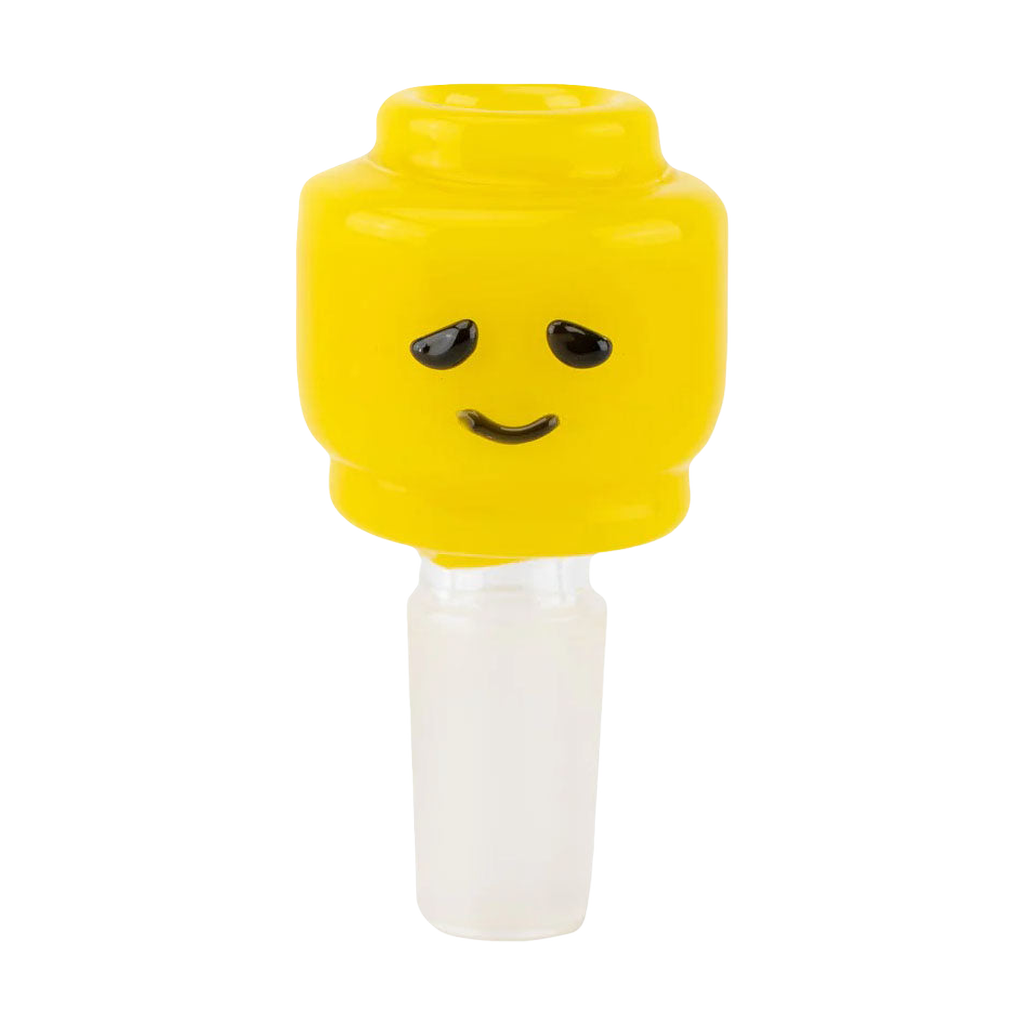 Empire Glassworks Block Man Bowl Slide in yellow, 14mm male joint, front view on white background