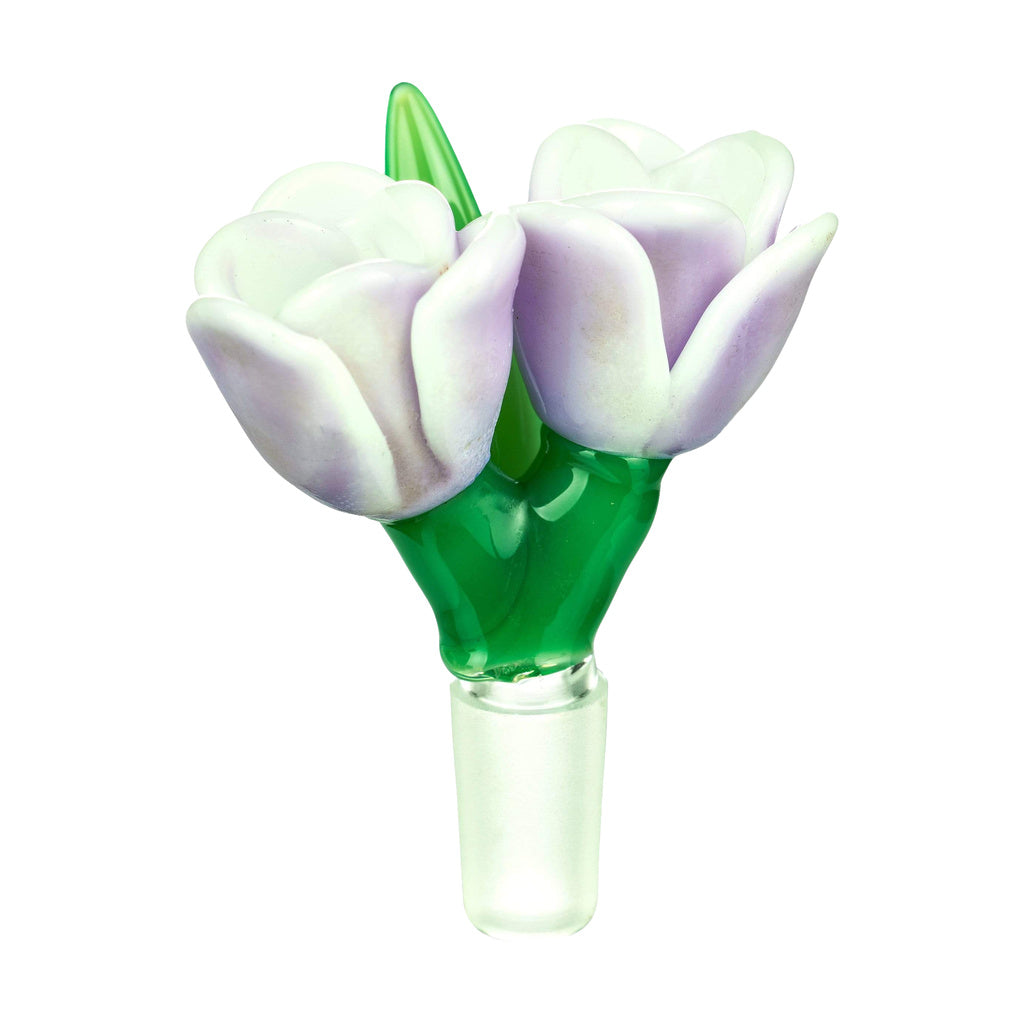 Empire Glassworks "Dualip" Double Tulip Bowl Piece in Lavender, 14mm Joint, Front View