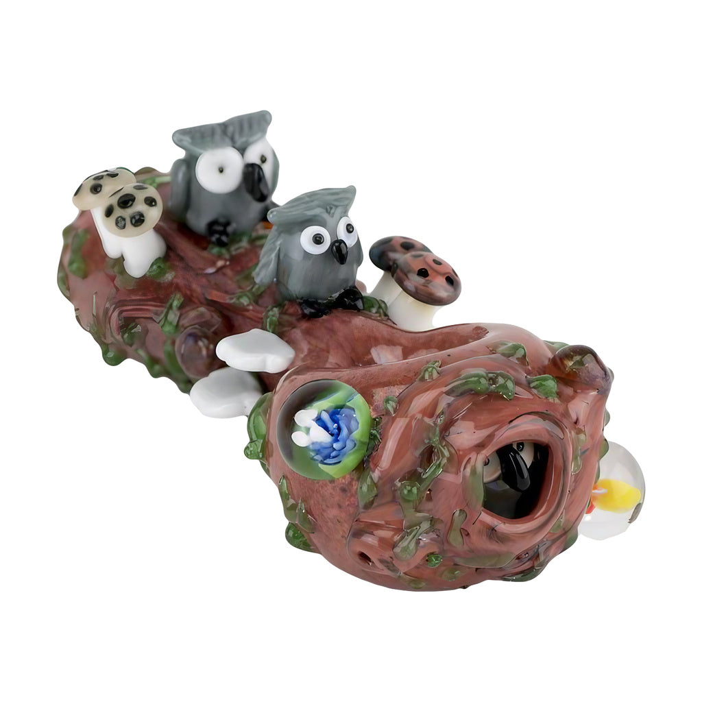 Empire Glassworks Hootie's Forest Small Spoon Pipe with detailed owl motifs, side view on white background