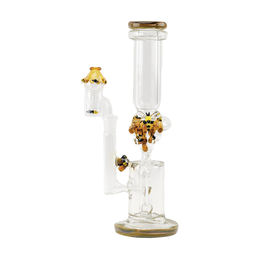 Empire Glassworks Recycler Rig - Save the Bees design with bee and honeycomb details, front view on white background