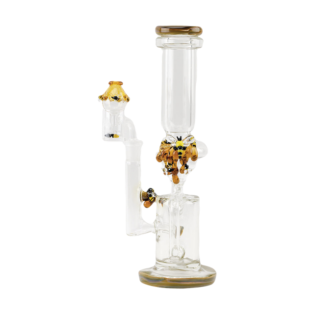 Empire Glassworks Recycler Rig - Save the Bees design with bee and honeycomb details, front view on white background